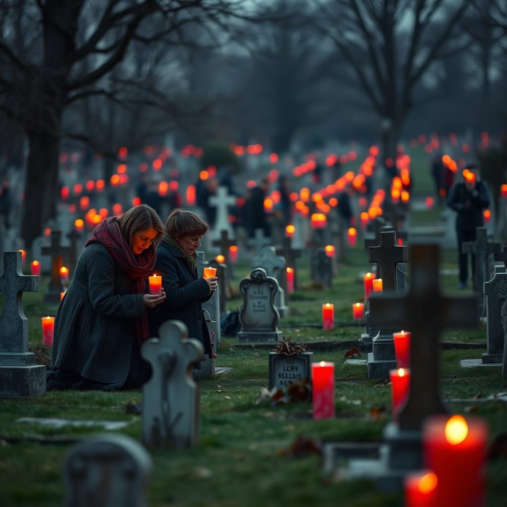 German Cemetery Aglow with Grave Candles on All Souls' Day