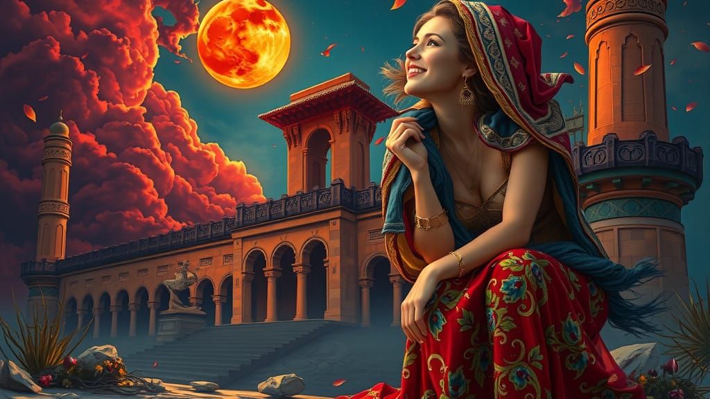 Woman at Dream Gate with Red Moon, Baroque Style