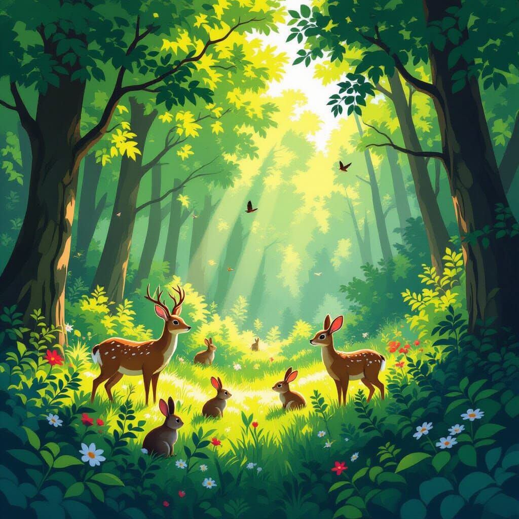 Vibrant Summer Forest Scene With Wildlife
