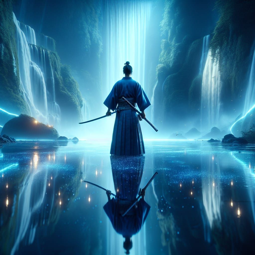 Samurai Warrior in Ethereal Waterfall Landscape, Matte Paint...