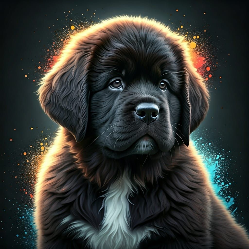 Fluffy Black Newfoundland Puppy: Hyperrealistic Splash Art