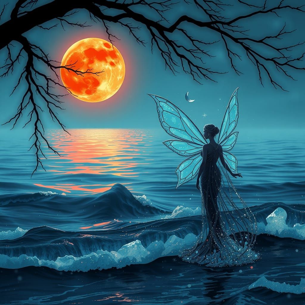 Moonlit Fairy Watching Red Moon Rise