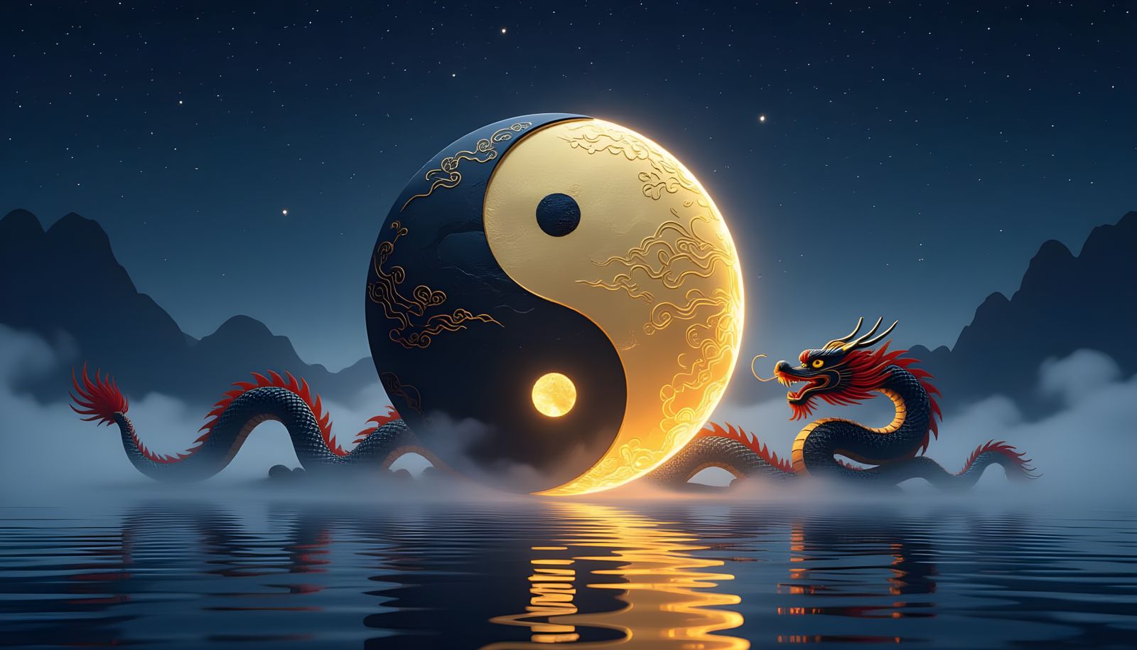 Mystical Gold Yin Yang with Chinese Dragon