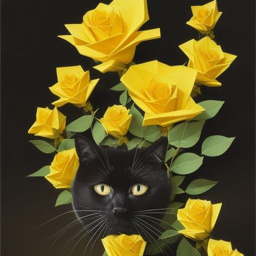 Black Cat Among Yellow Roses: Dark Fantasy Art