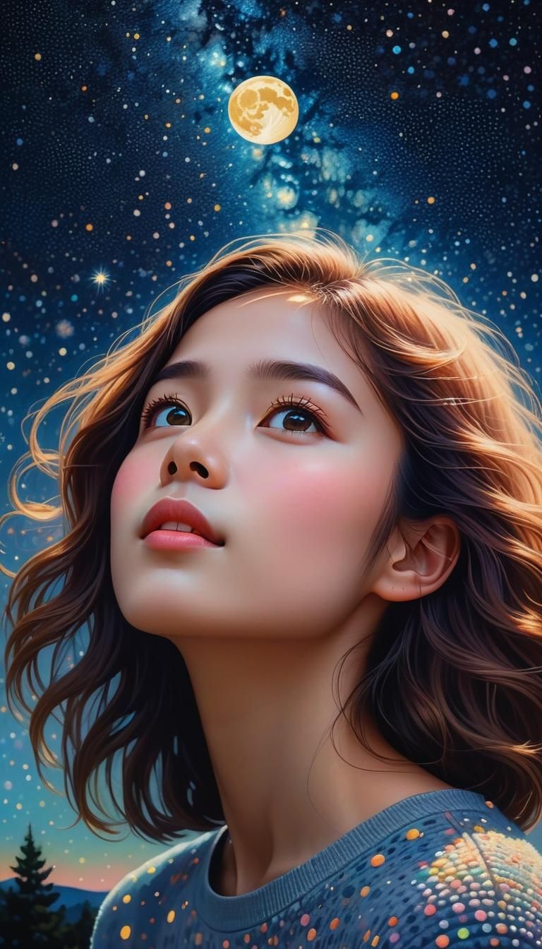 Pointillist Portrait Gazing at Starry Night Sky