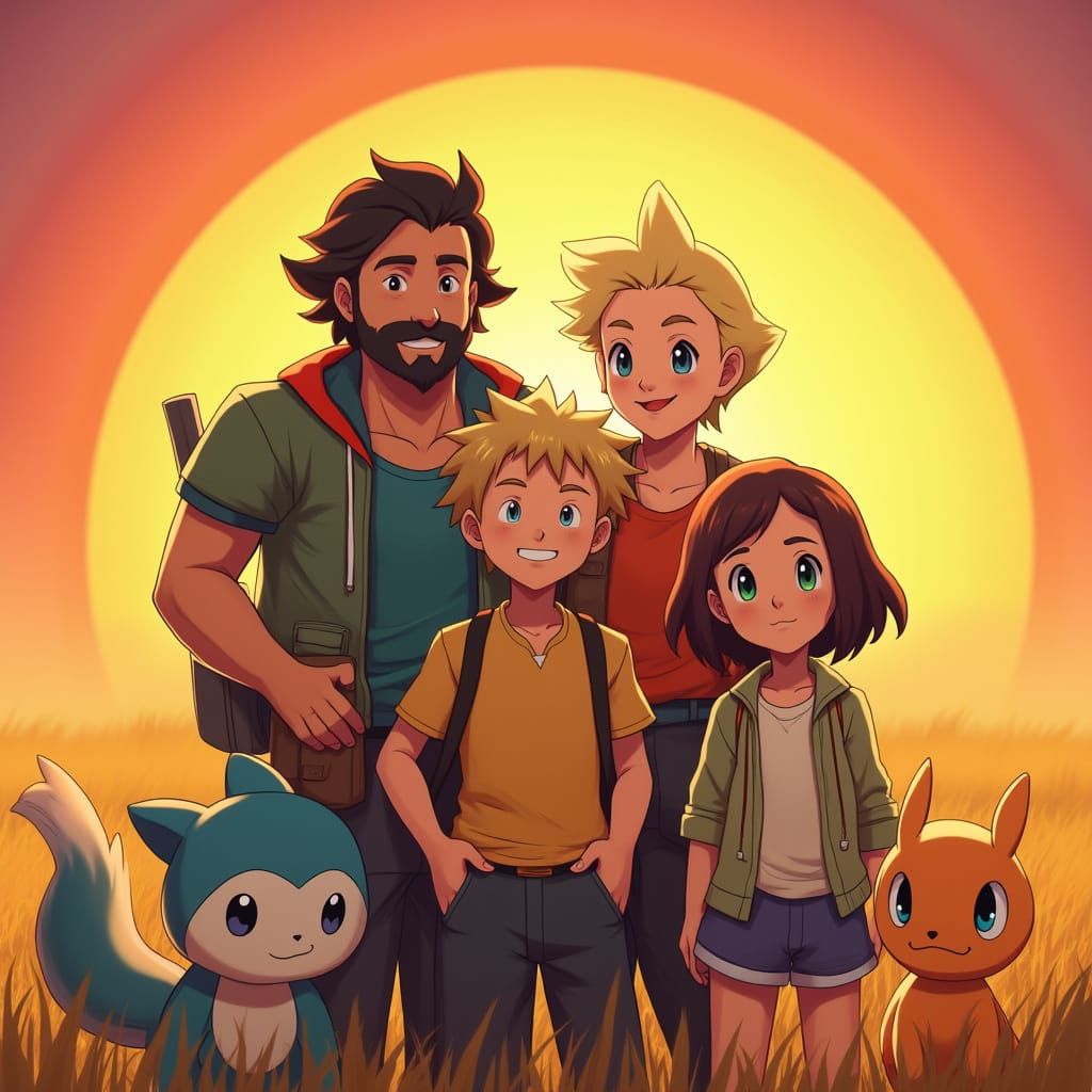 Vibrant Family Portrait of Pokémon Trainers in a Sun-Kissed ...