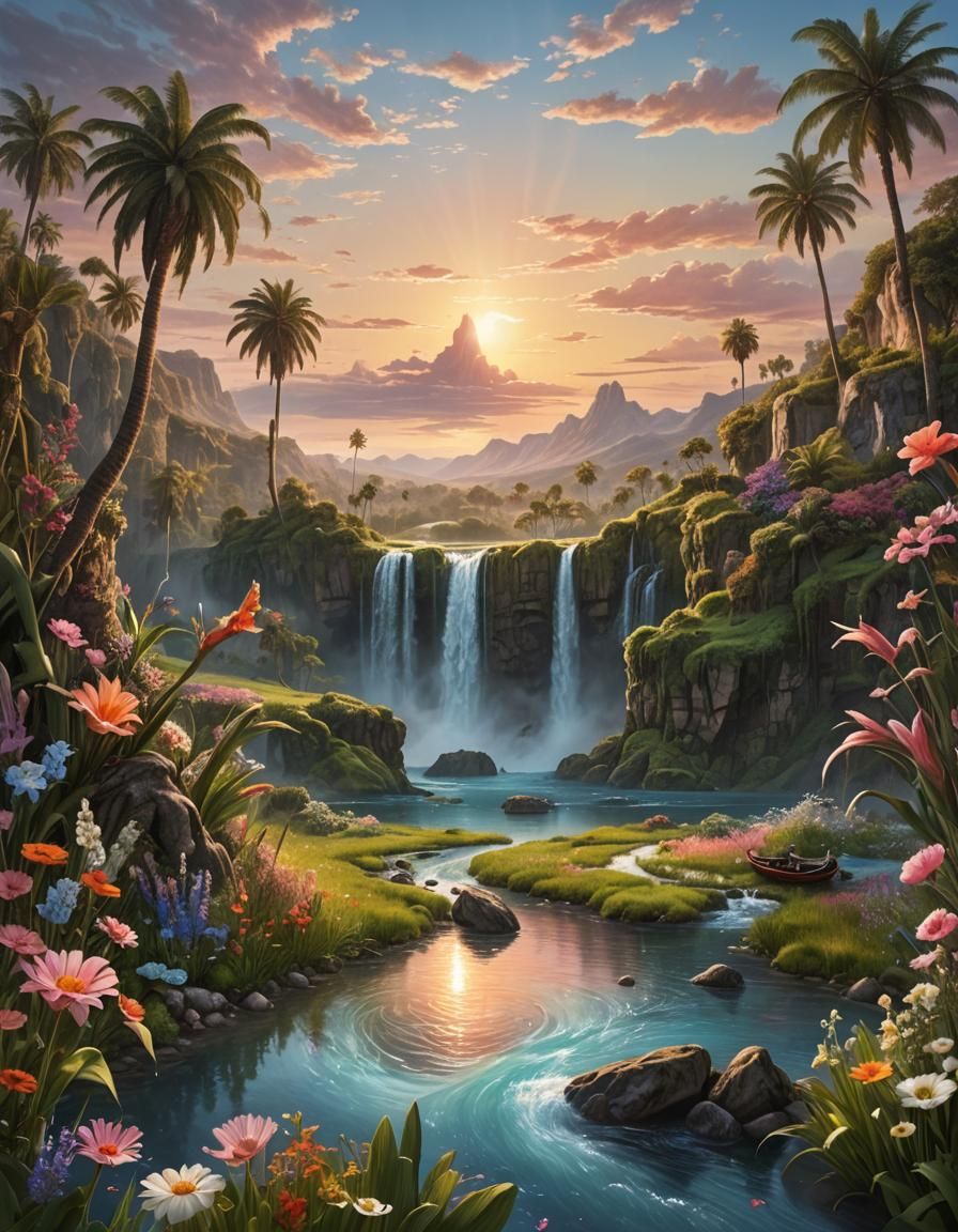 Giant Hand Landscape with River and Sunset