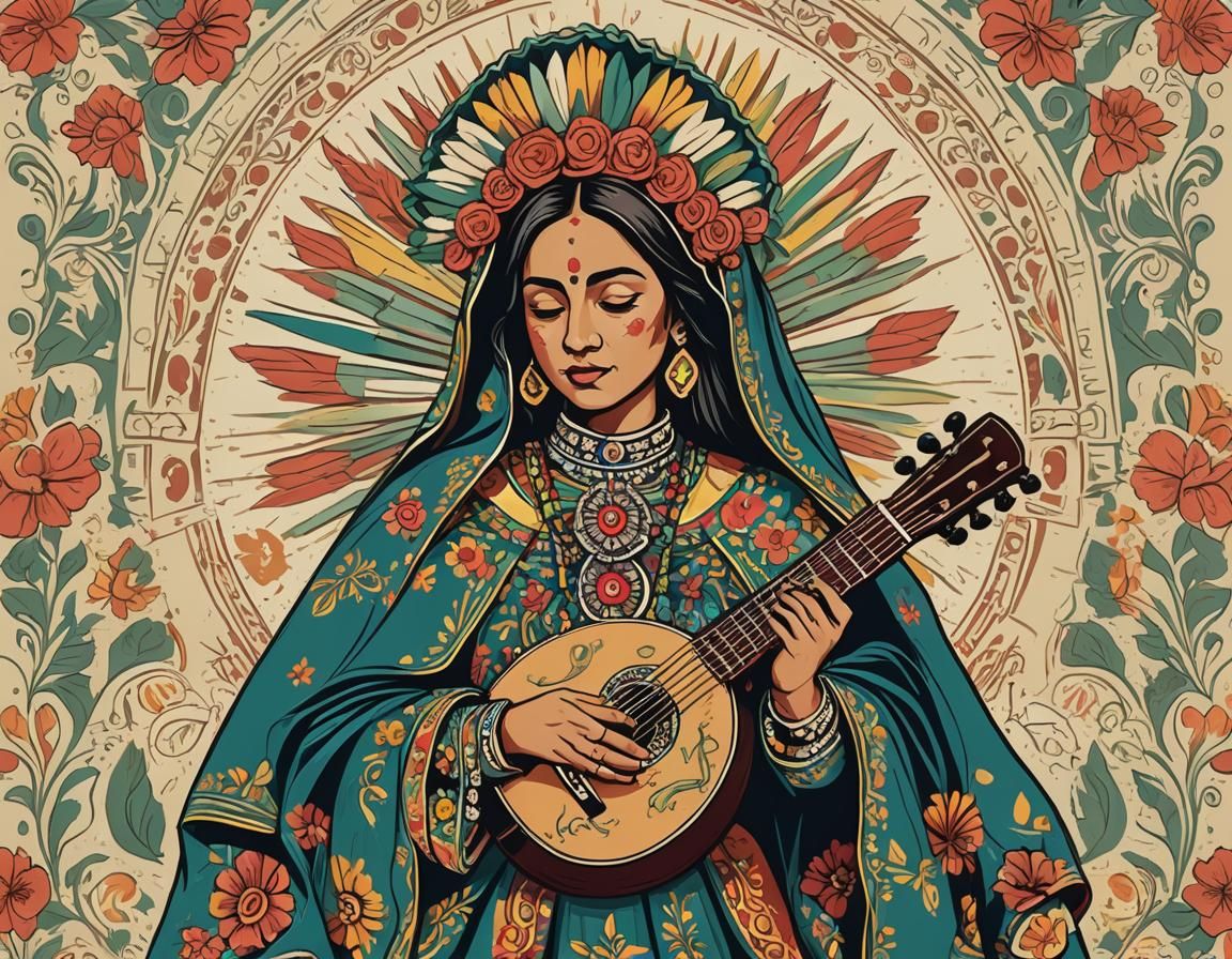 Mexican Mariachi and Guadalupe Mural in Vector Style