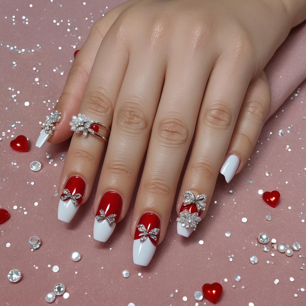 Red French Tip Nail Design with 3D Anime Bows