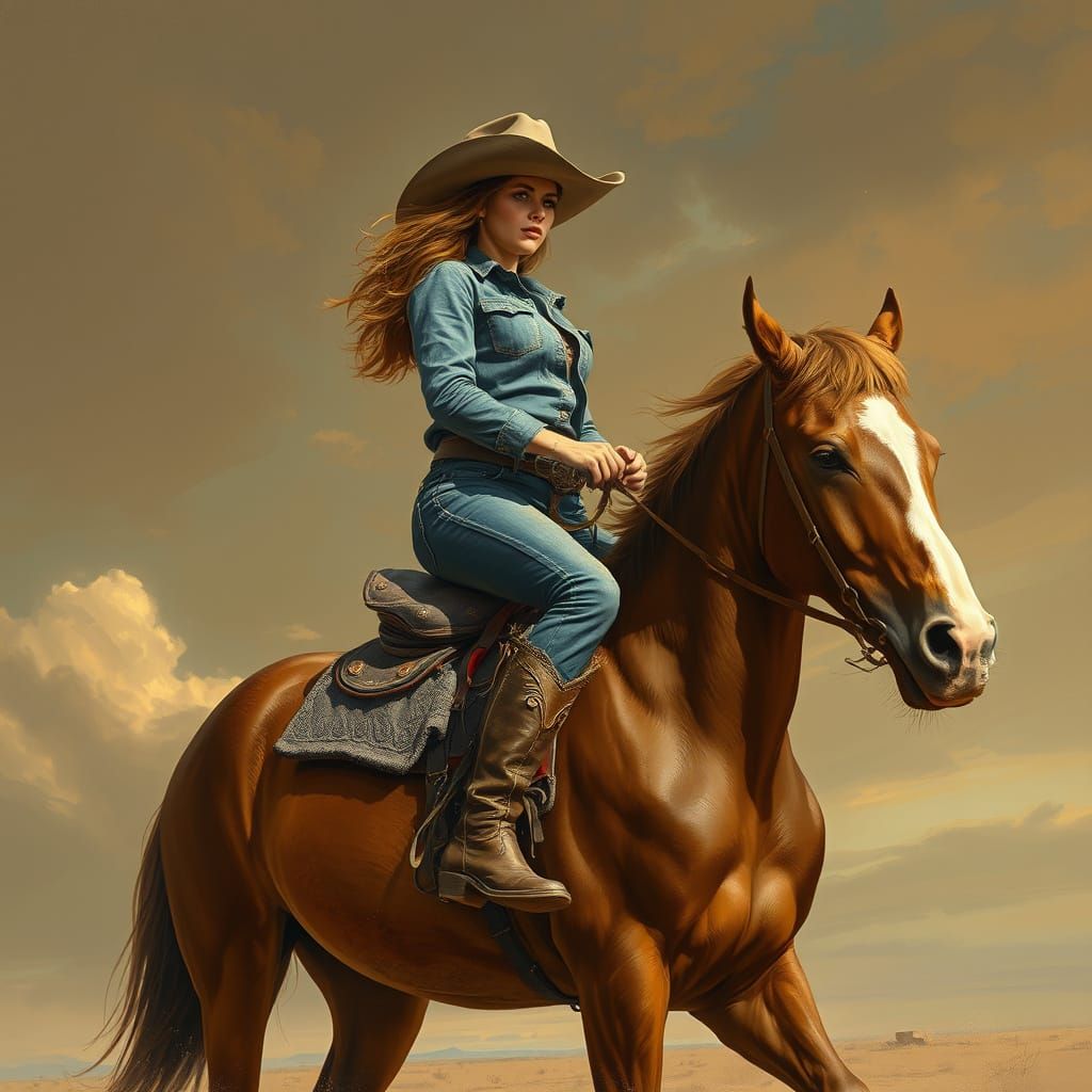 Cowgirl Rides Horse Under Texas Sky in Rustic Realism