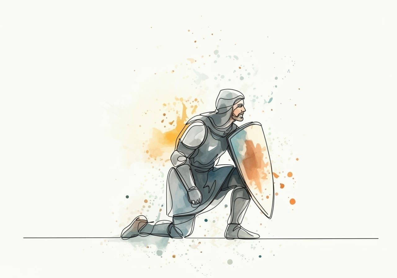 Solemn Medieval Knight in Whimsical Line Wash Style