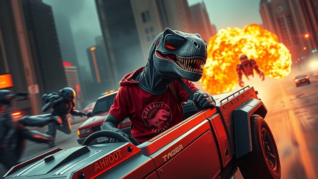 Cyborg Velociraptor Speeds Through Dystopian Metropolis in F...