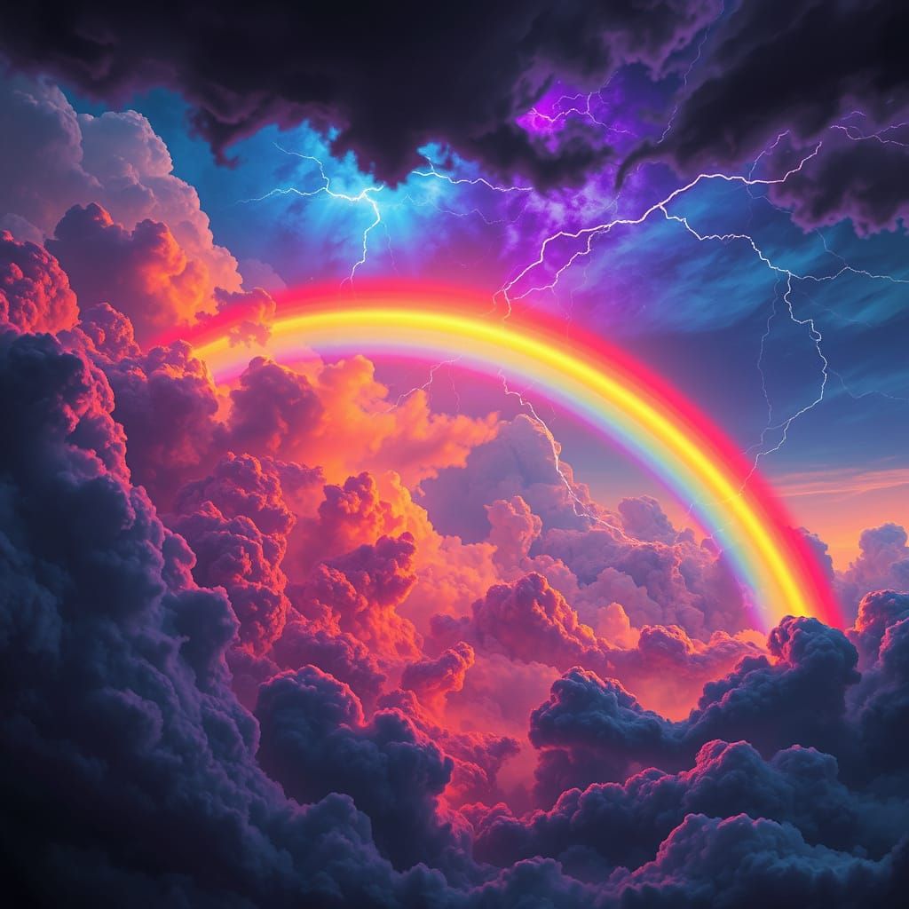 Electric Rainbow Arches Across Dark, Turbulent Skies