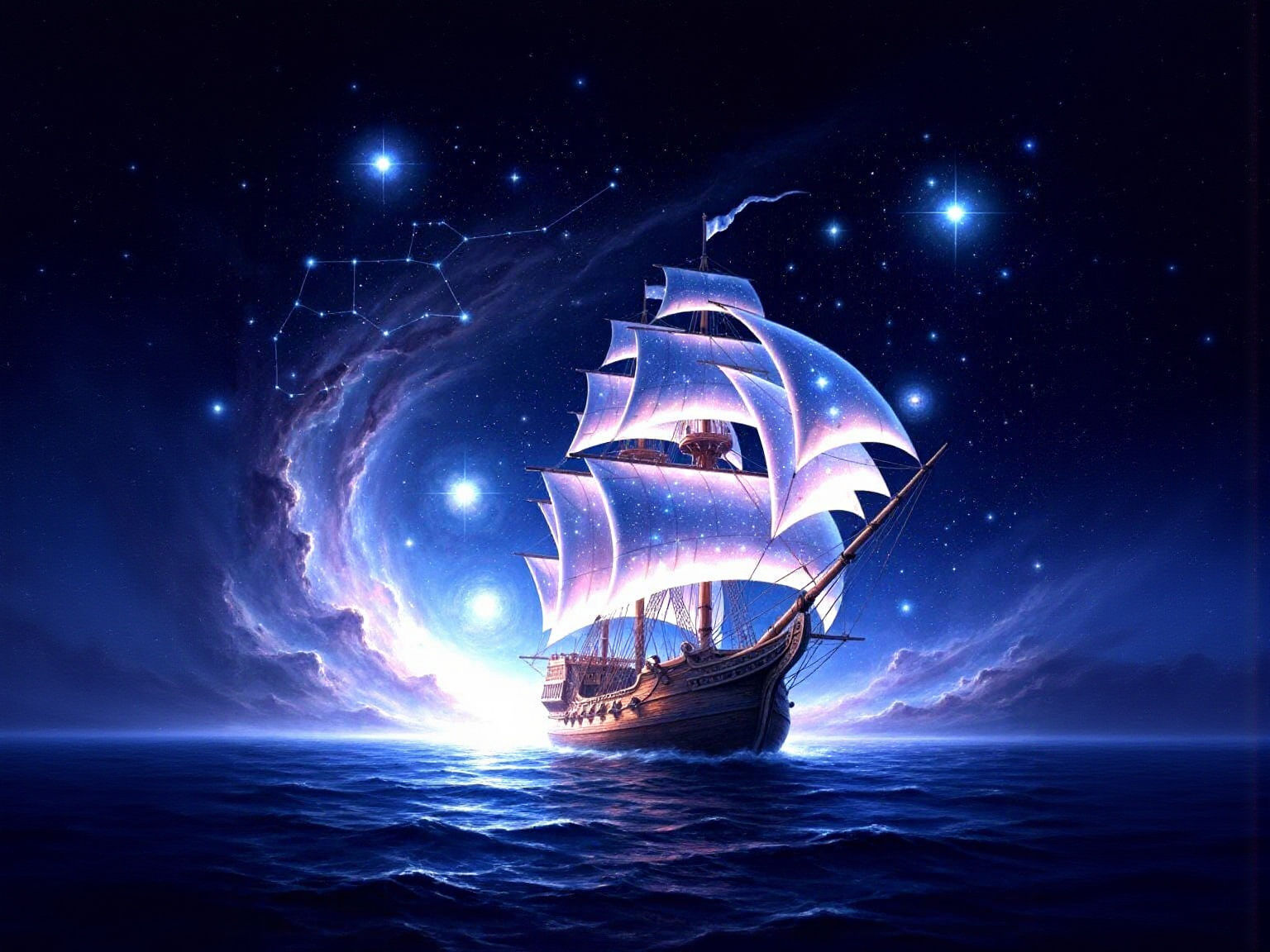 Starlight Sails: Majestic Ship Navigates Cosmic Sea