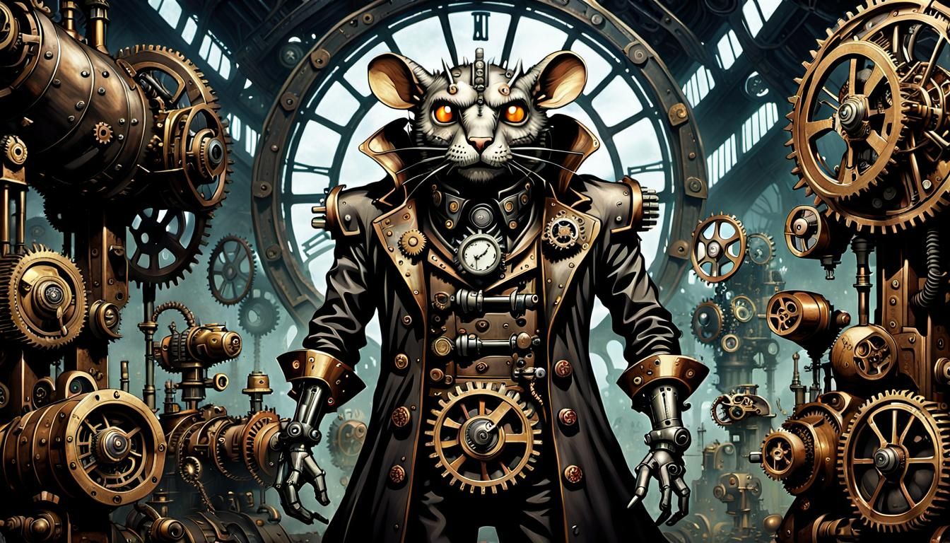 Steampunk Villain in Clockwork Lair, Cinematic Film Still