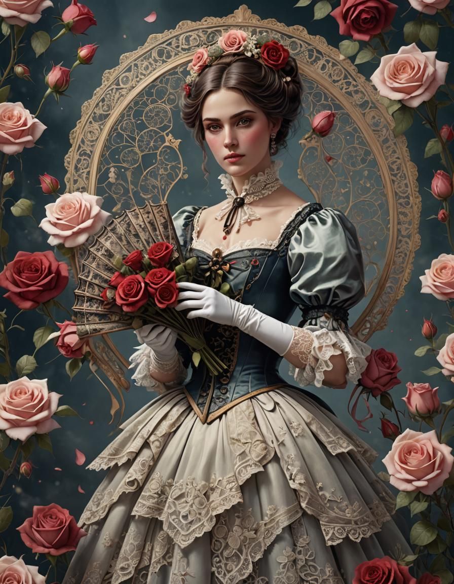 Victorian Woman with Roses and Lace Details