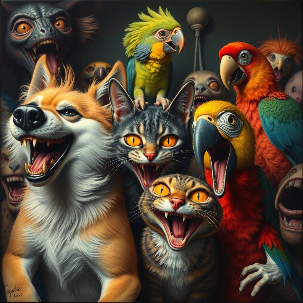 Surreal Gathering of Laughing Beasts in a Dreamlike World