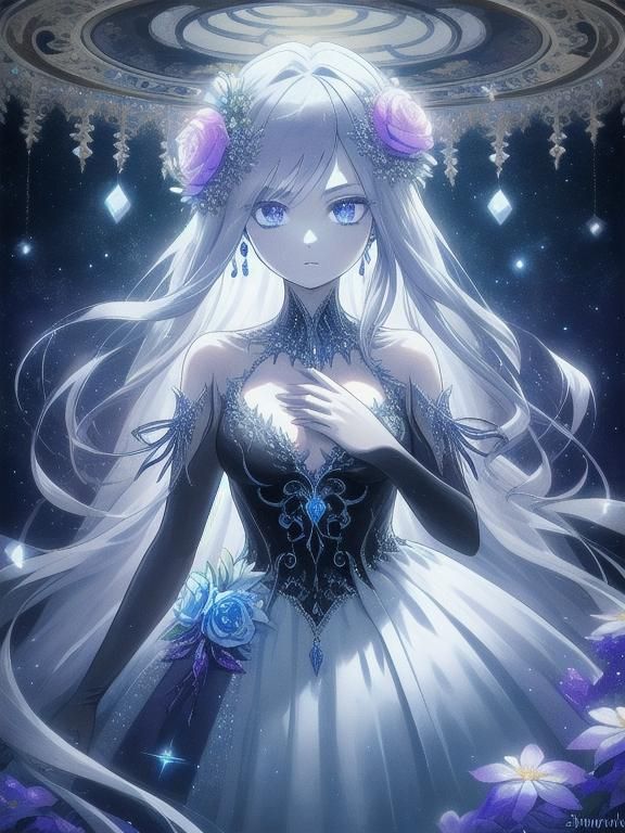 Girl in Jeweled Dress Surrounded by Flowers