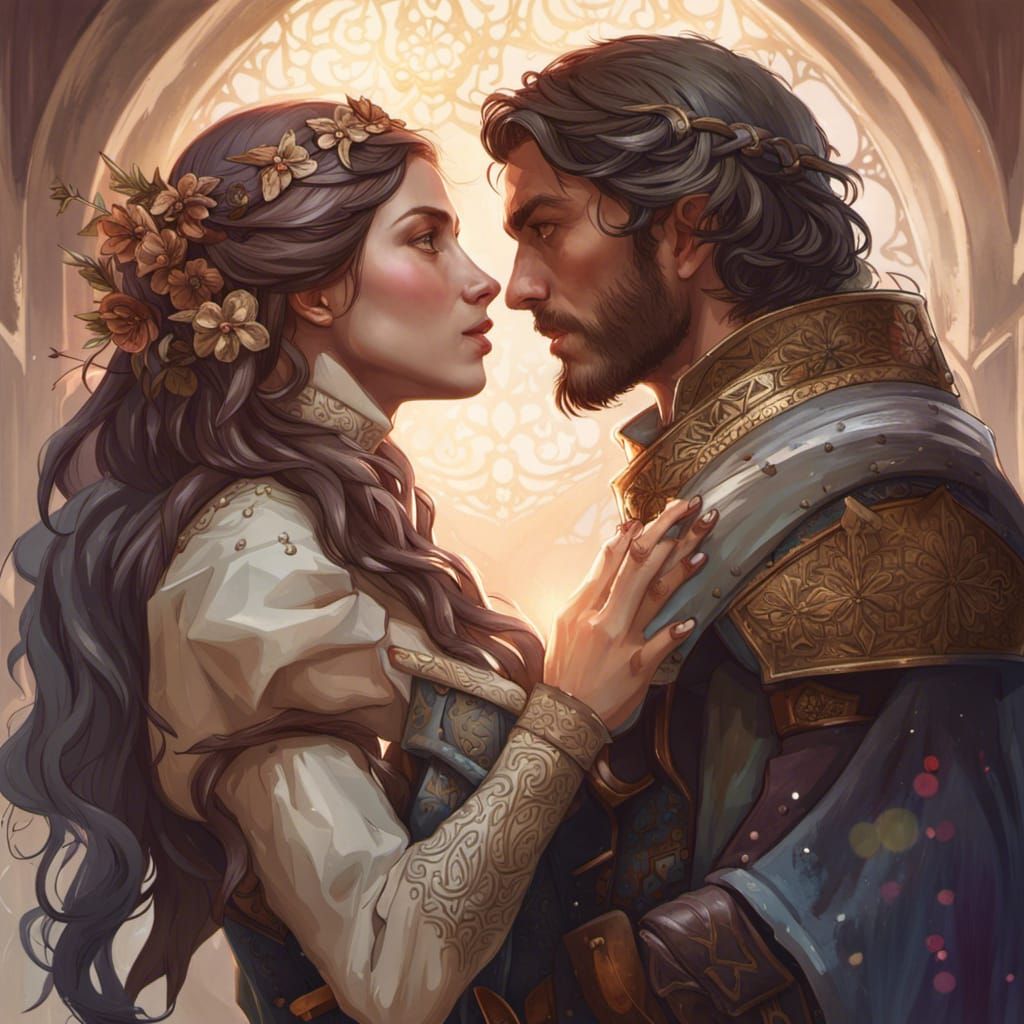 Medieval Couple Kissing Portrait in Art Nouveau Style