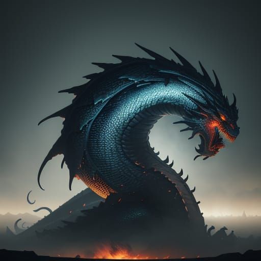 Grimdark Dragon with Metallic Scales and Smog-Filled Backgro...