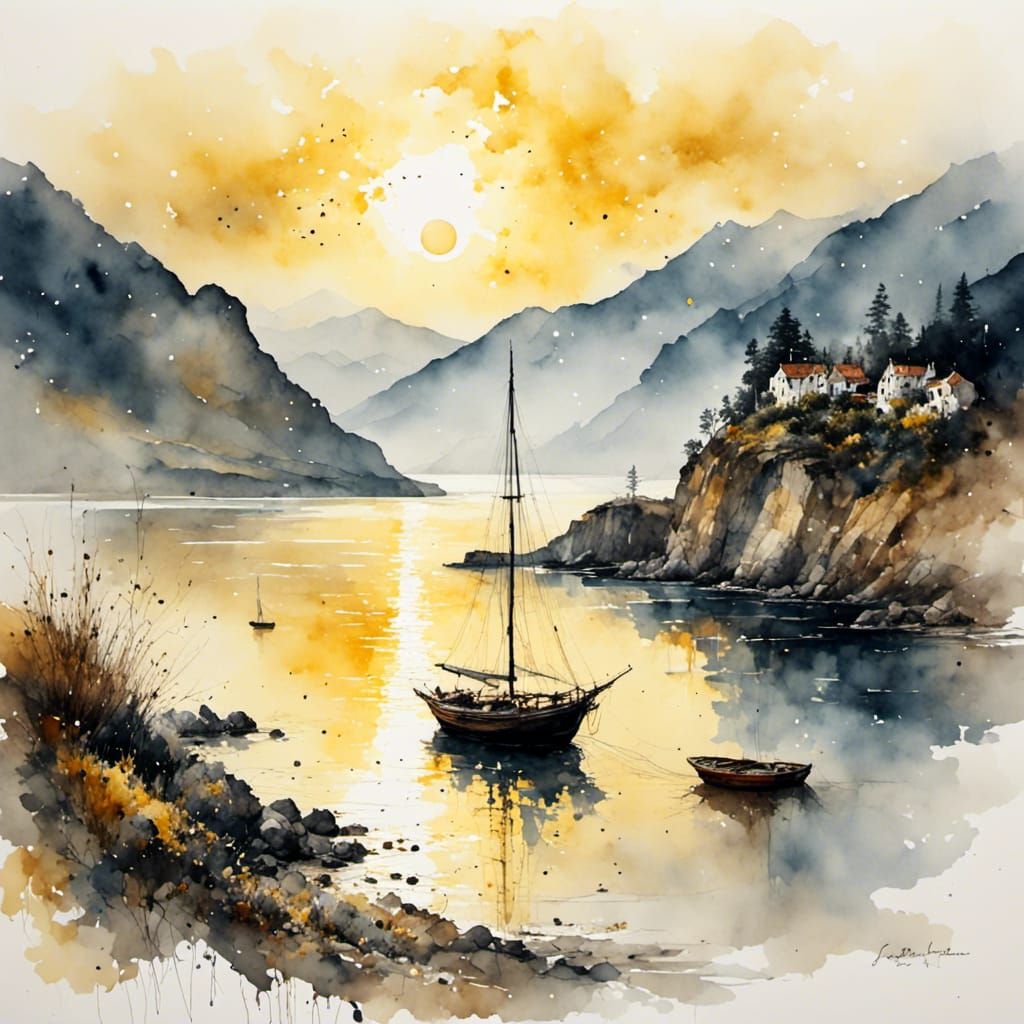 Dawn Seascape in Antique Watercolor Style
