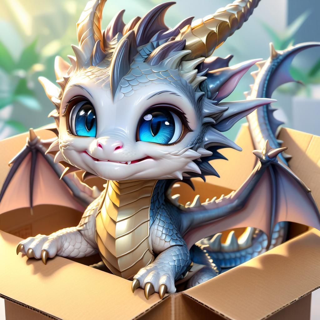 Adorable Chibi Dragon in Cardboard Box, 3D Render