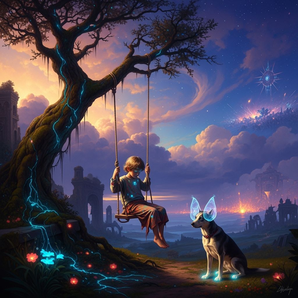 Dystopian Twilight: Child on Bioluminescent Swing