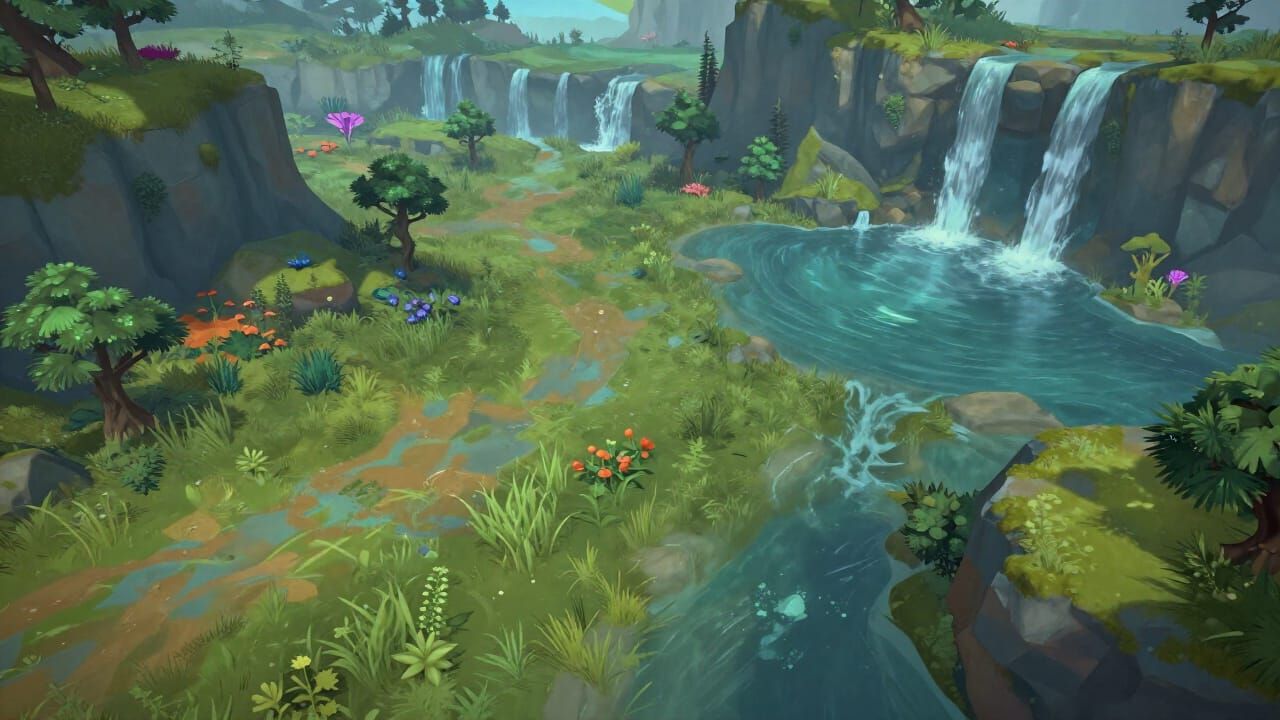 Lush Dota 2 Landscape with Waterfalls and Ethereal Lighting