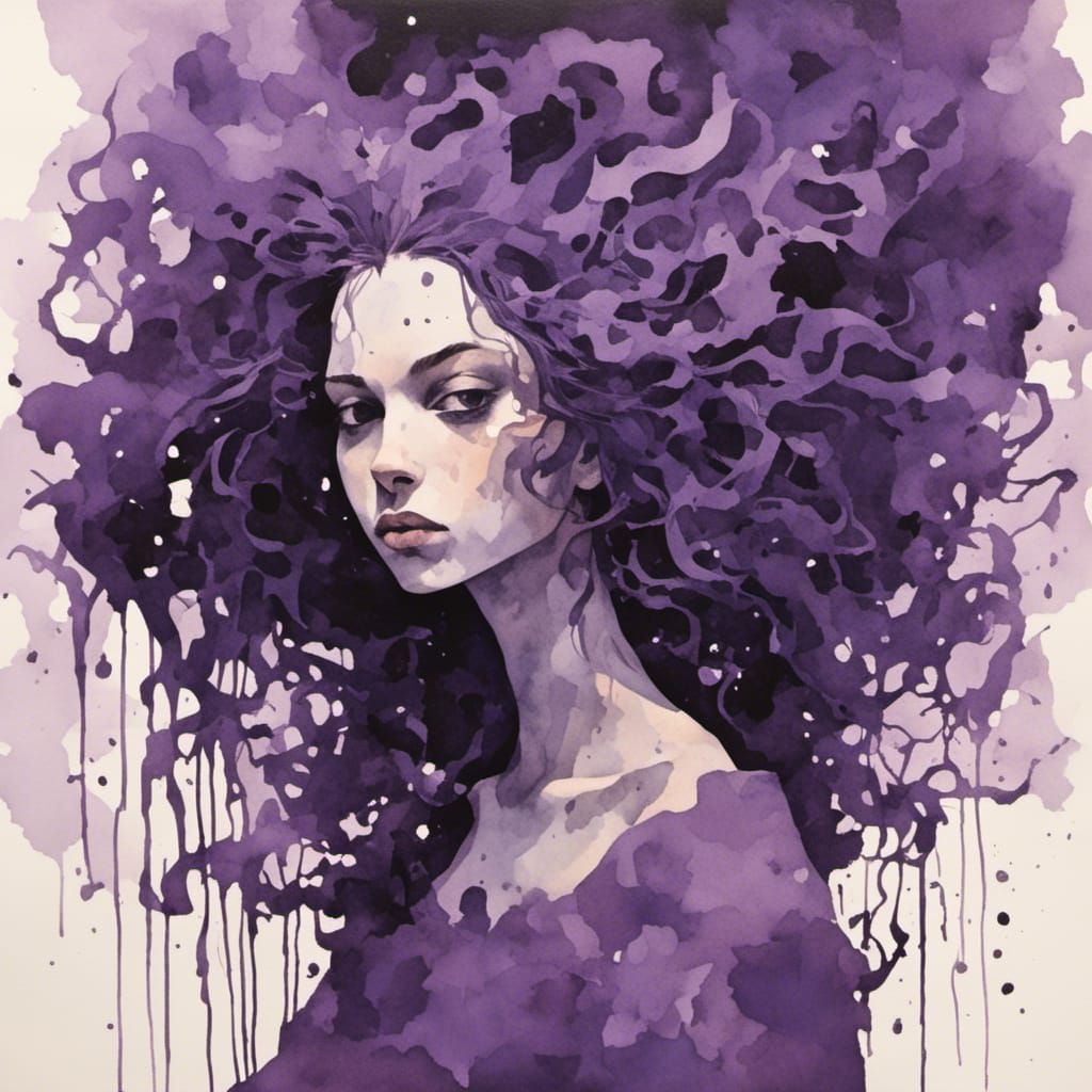Gouache Collage Drawing of a Purple Witch