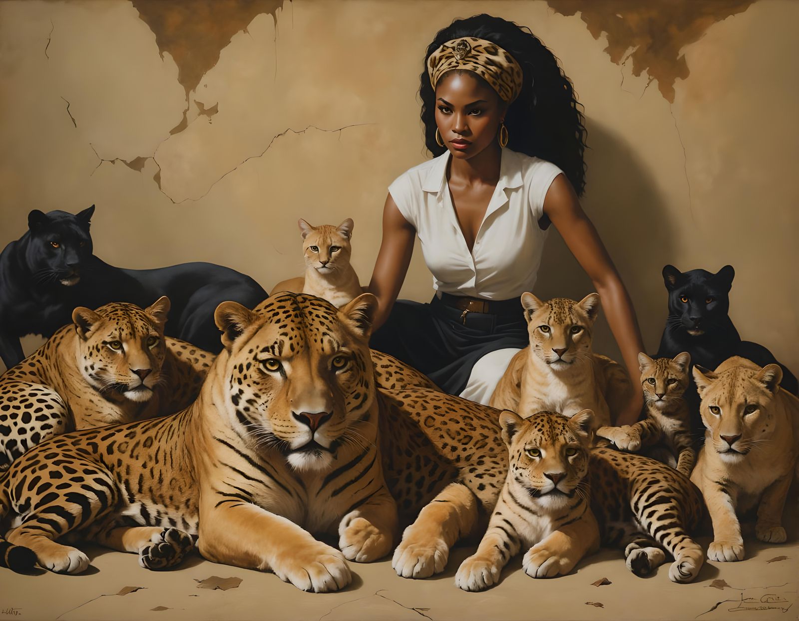 Surreal Feline Fusion: Oil Painting of Women and Cats