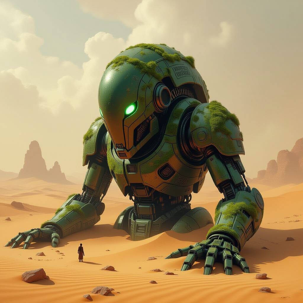 Mossy Automaton in Desert Ruins, Biomechanical Surrealism St...