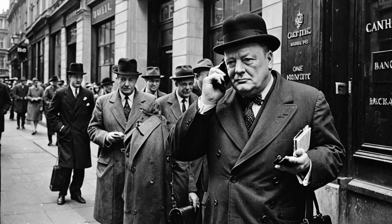 Churchill on Mobile Phone, Retro Photo in London