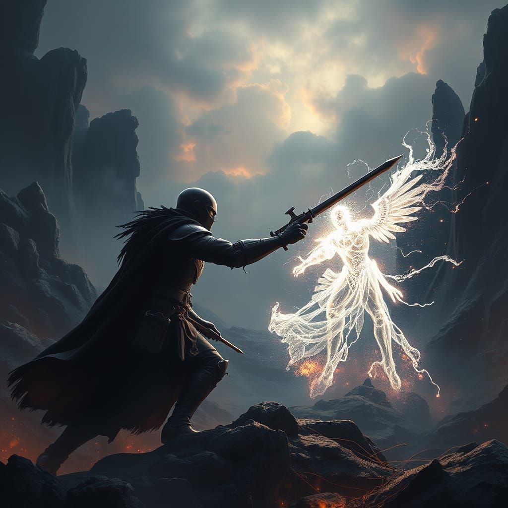 Light and Shadow Soldiers Clash in Fantasy Landscape