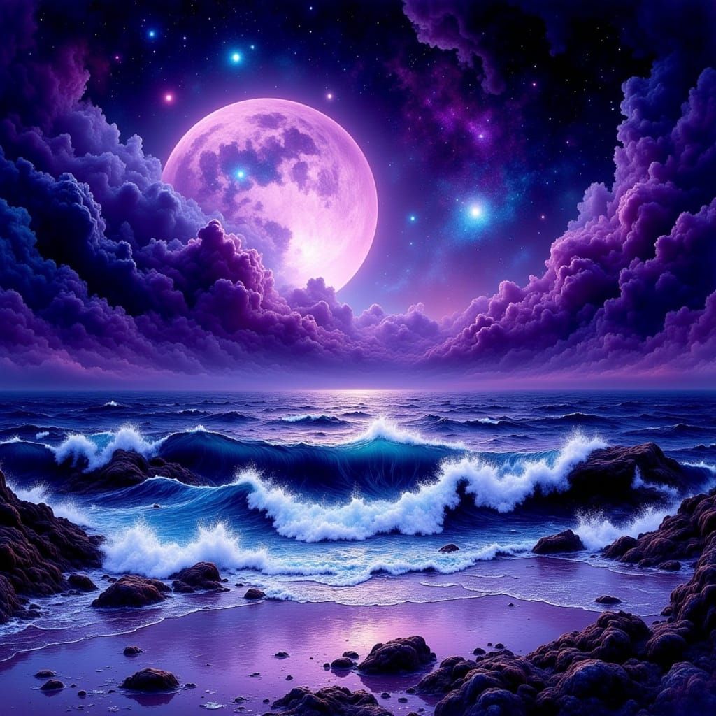Purple Moonlit Beach Dreamscape in Alcohol Ink Style