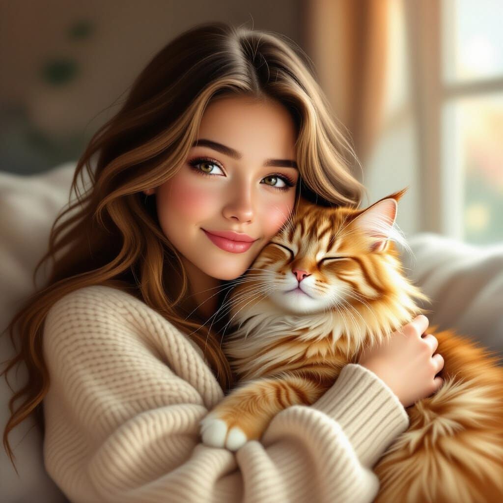 Teenage Girl Cuddling Orange Cat in Warm Light