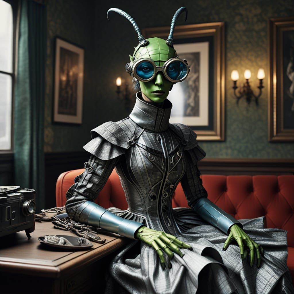 Mantis in Elegant Futuristic Gown with Goggles