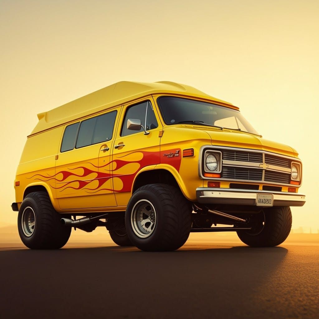Retro-Futuristic Custom Van with Bold Flames