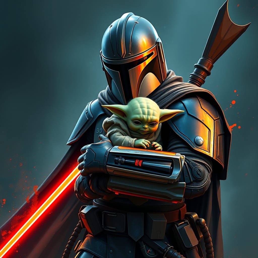 Mandalorian Warrior with Dark Saber and Baby Yoda