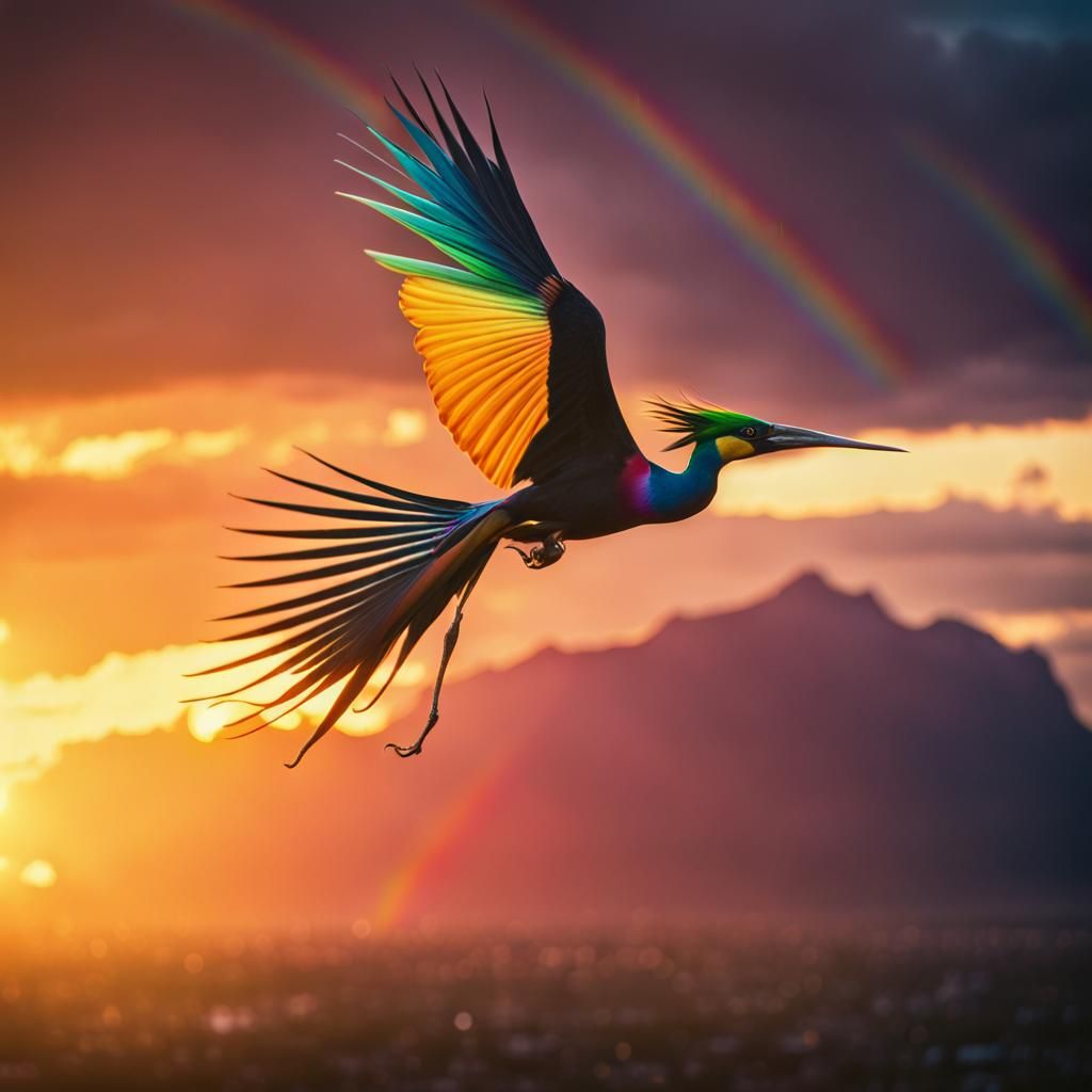 Bird of Paradise Soaring Through Rainbow at Sunset