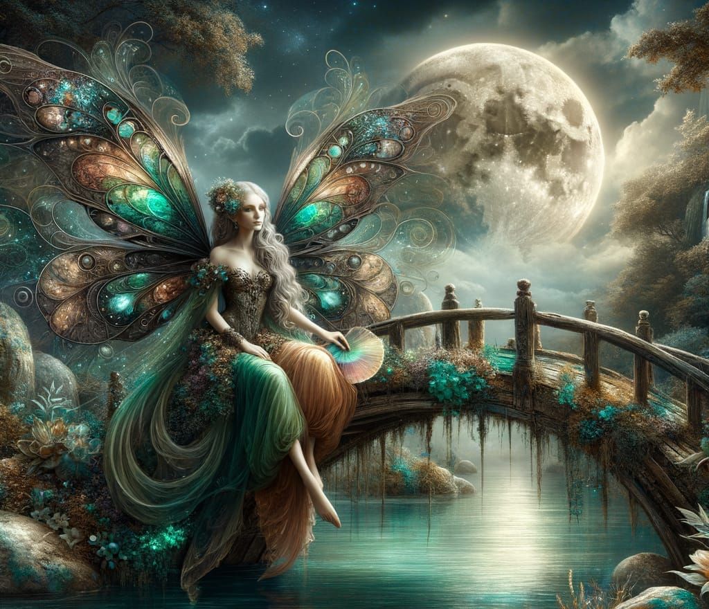 Moonlit Fairy on Emerald Bridge: Fantasy Matte Painting