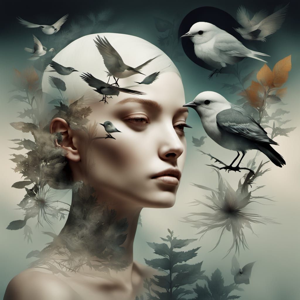 Surrealistic Portrait of Woman's Head with Dreamy Birds and ...
