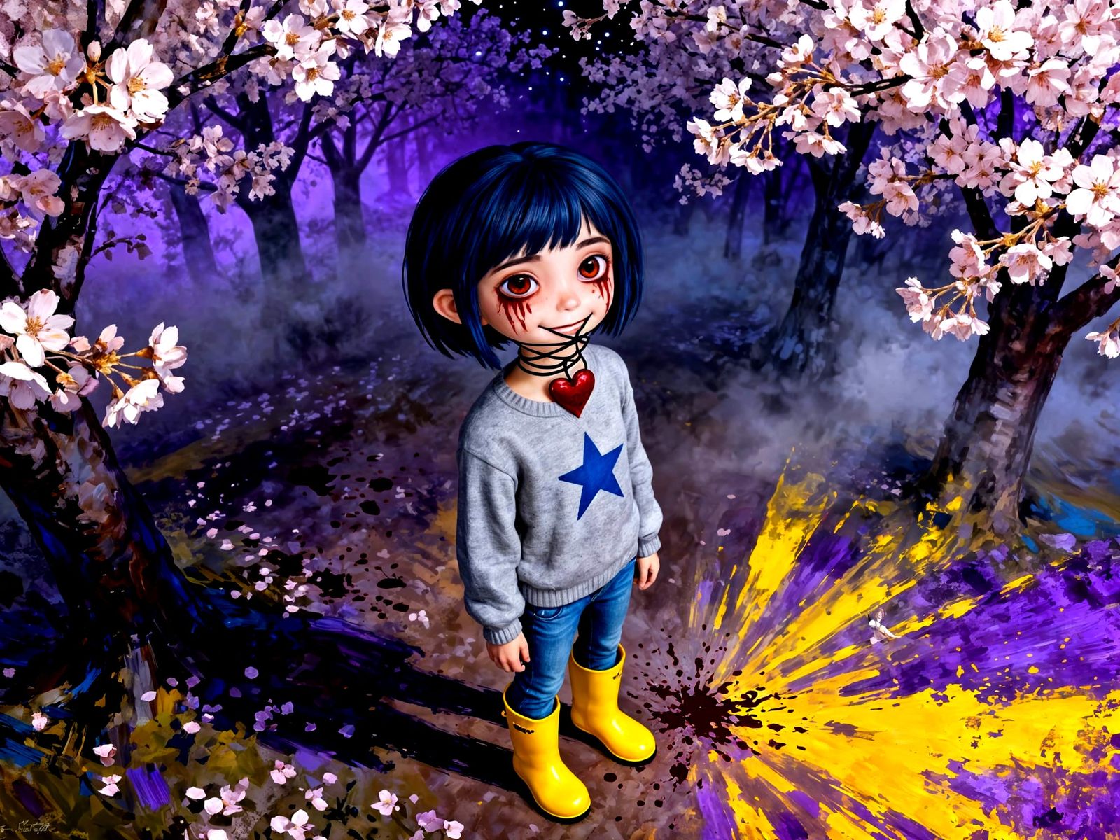 Creepy Girl in Cherry Blossom Forest