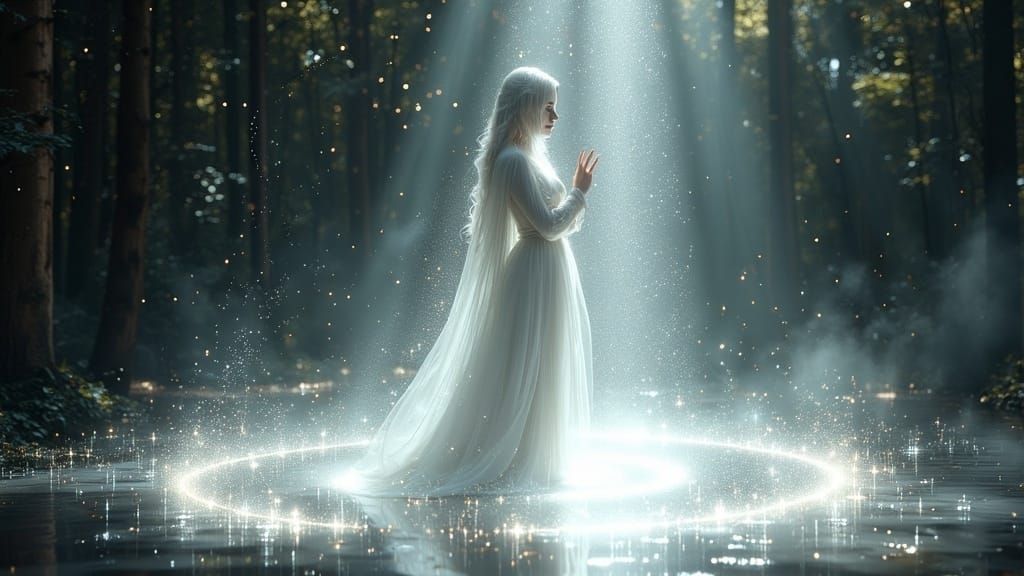 Ethereal White Sorceress in Radiant Magic Circle