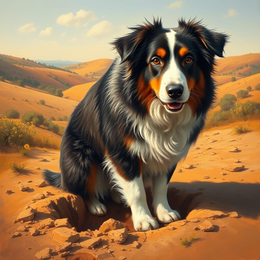 Australian Shepherd Digging, Impressionistic Style