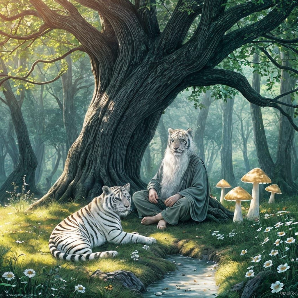 Druid Meditating with Tiger in Forest Clearing
