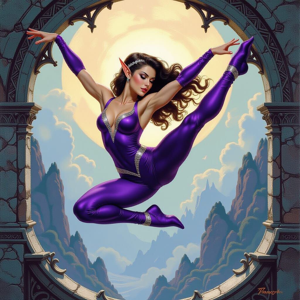 Dynamic Elf Leaping: A Fantasy Oil Painting