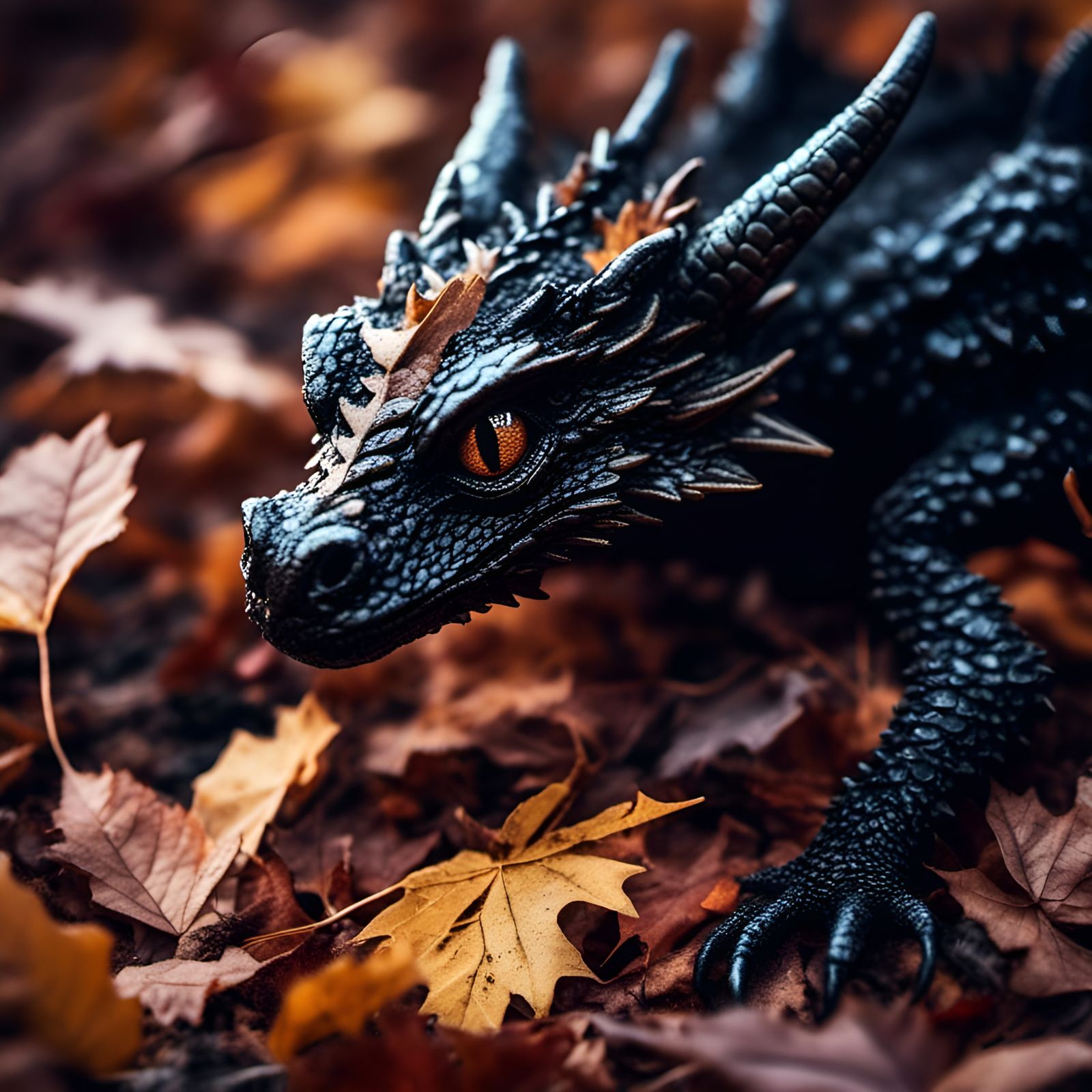Baby Black Dragon in Autumn Leaves