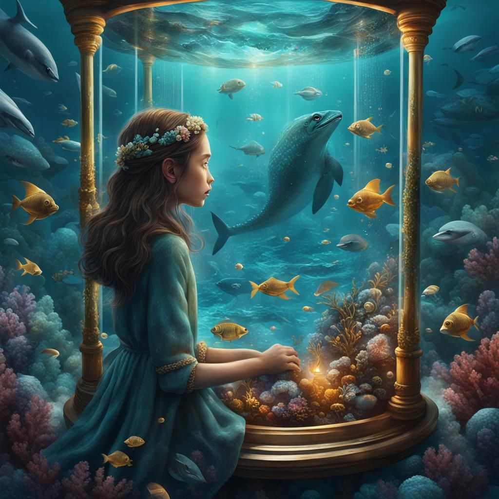Girl in Whimsical Sea Inside Hourglass: Matte Painting