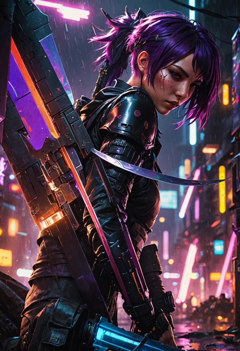 Purple hair female assassin with sword reflection of male en...