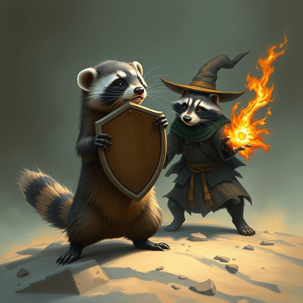 Ferret Braves Fireball in Epic Raccoon Wizard Battle Scene